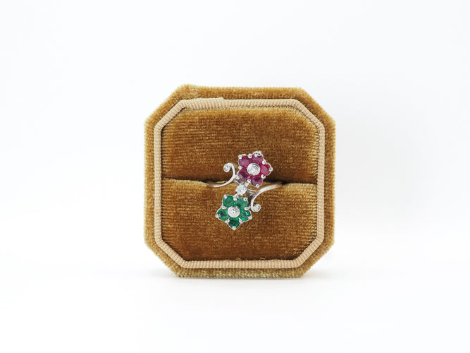 Bague 53 Bague fleurs or blanc rubis émeraudes 58 Facettes 5196