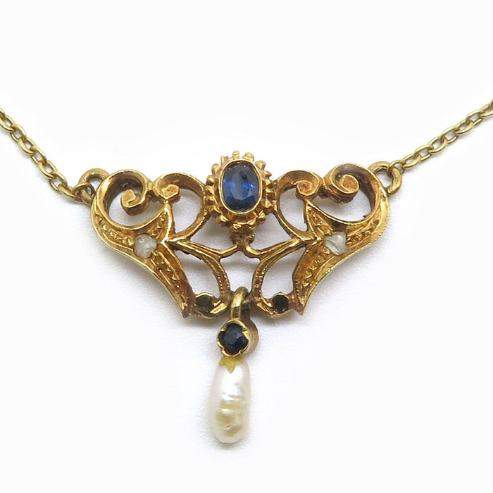 Halskette aus Roségold, Saphir und Perlen