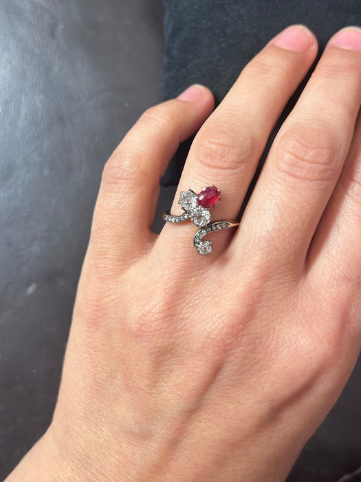 Two-tone gold, diamond and ruby ring