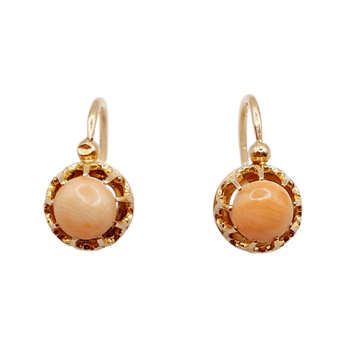 Boucles d'oreilles Dormeuses antique or rose 18k cabochon de corail (circa 1900) 58 Facettes A06119
