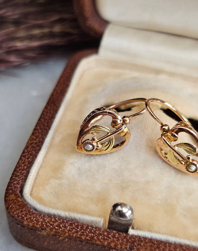 Boucles d'oreilles Dormeuses anciennes coeurs or rose, or jaune, perles 58 Facettes 613