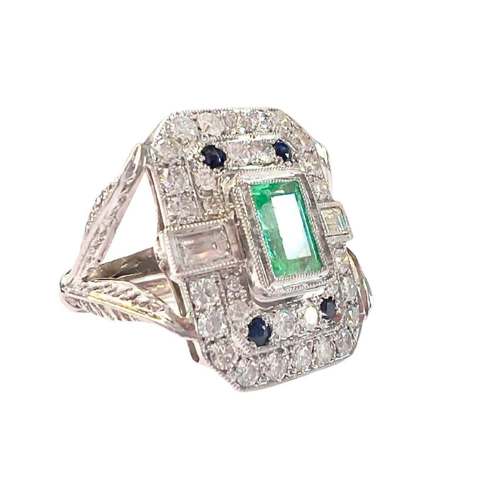 Bague 56 Bague en platine de style Art Déco avec diamants, saphirs et émeraude 58 Facettes Q72B (923)