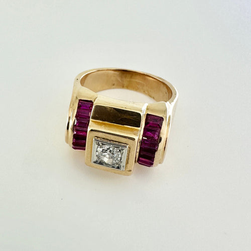 Bague 56.5 BAGUE TANK RUBIS CALIBRE ET DIAMANT EN OR JAUNE 18K 58 Facettes