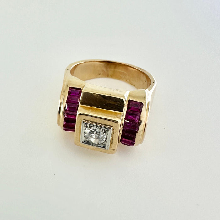 Bague 56.5 Bague tank rubis calibre et diamant en or jaune 58 Facettes 1