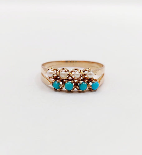 Bague 56.5 Bague antique or rose 18k perles et turquoises (circa 1900) 58 Facettes A05999