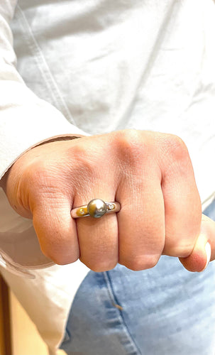 Bague 54 Bague jonc or blanc 18 carats perle de Tahiti et diamants 58 Facettes