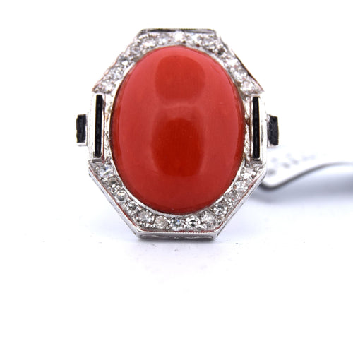 Bague BAGUE - OR BLANC 18KT - CORAIL CABOCHON 58 Facettes