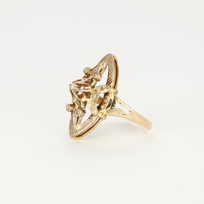 Yellow gold and white diamond marquise ring