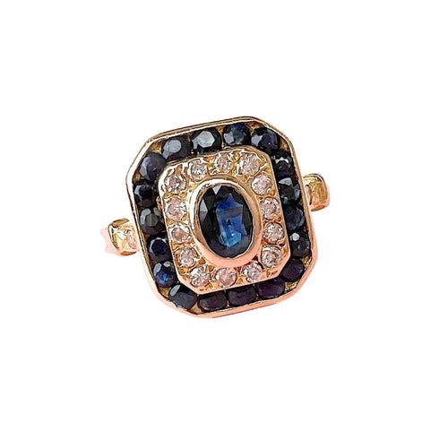 Bague 59.5 Bague octogonale à pans coupés Saphirs et Diamants - Or Jaune 18 K 58 Facettes AA 1707