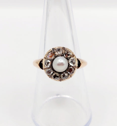 Bague 55 Bague marguerite antique en or rose 18k avec perle et diamants taille roses 58 Facettes A06463