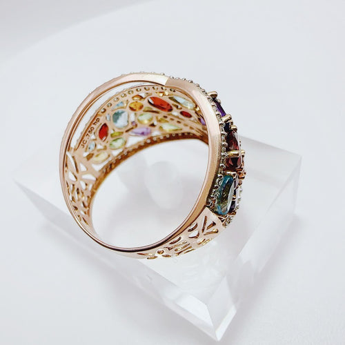 Anillo de Oro Rosa estilo Tutti Frutti, con variedad de Gemas 