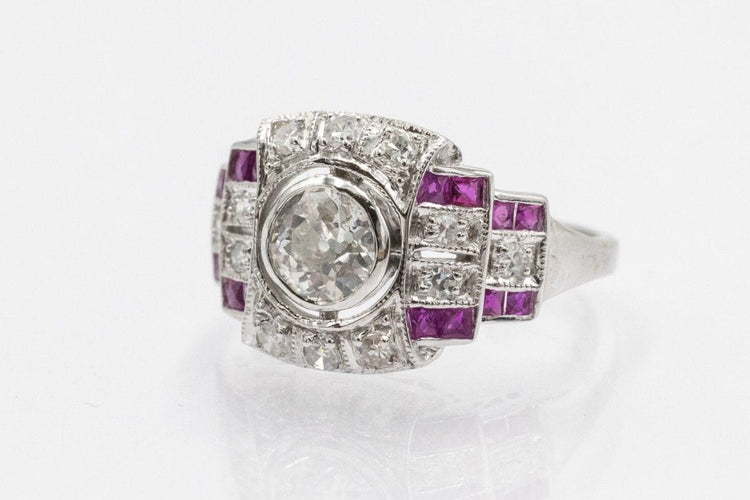 Bague 54 Bague Art Déco géométrique en or blanc 14k avec diamants et rubis 58 Facettes 11204