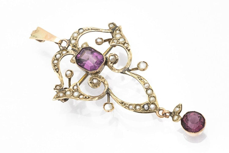 Pendentif Broche pendentif Art Nouveau améthystes et perles, Angleterre, vers 1900. 58 Facettes 10752
