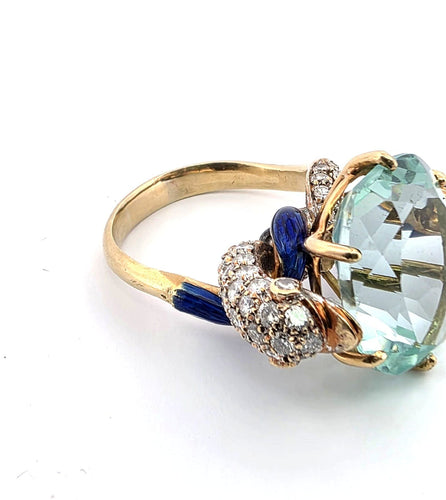 Bague 50 Bague vintage des années 1940/50 en or jaune massif, ornée d'aigue-marine, de diamants et d'émail. 58 Facettes