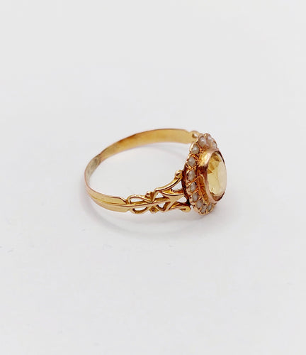 Bague marguerite antique citrine et perles en or rose 18k (circa 1900)