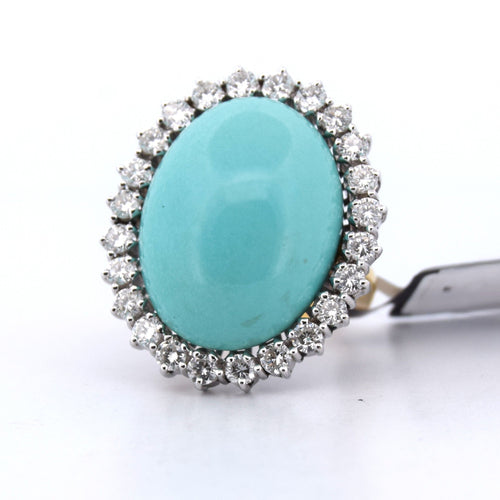 Vintage ring med cabochon turkis og diamanter i 18 kt hvidguld 