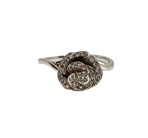 Bague 60 Bague or blanc en forme de rose et diamants 58 Facettes