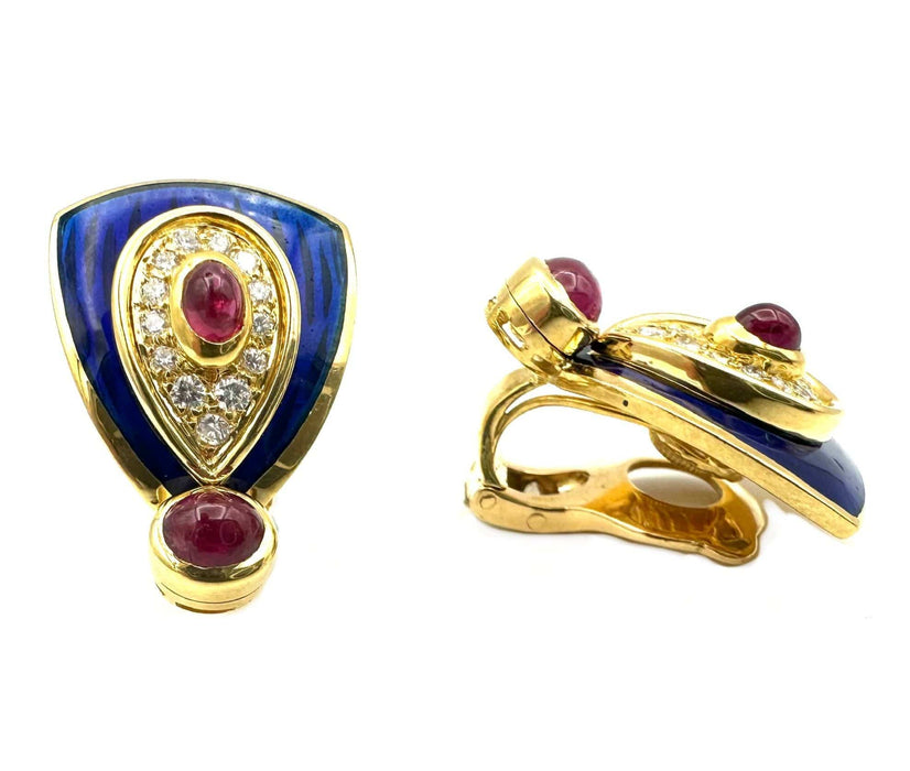 Boucles d'oreilles MAISON GERARD - Boucles d'oreilles or jaune, émail, rubis et diamants 58 Facettes