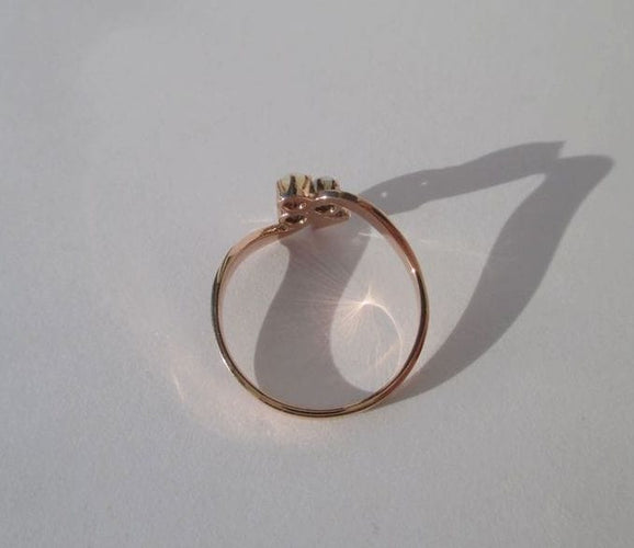 Bague 53.5 Bague 19e trèfle porte bonheur or rose, demies perles fines, diamants 58 Facettes