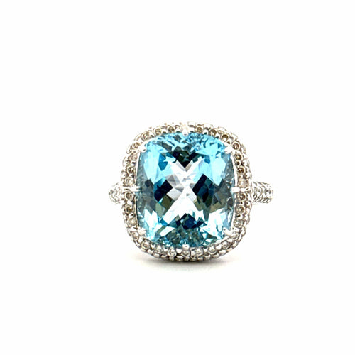 Bague 56 Bague or blanc topaze bleue et diamants 58 Facettes