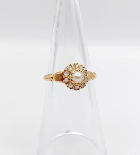 Bague 48.5 Bague marguerite antique or rose 18k perle et diamants taille roses (circa 1900) 58 Facettes A06176