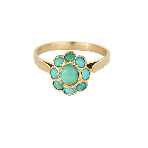 Ring 55 Yellow gold flower ring with turquoise stones 58 Facettes MONTE0352