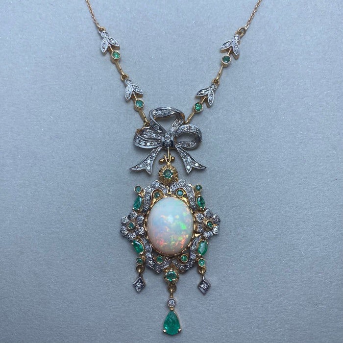 Yellow gold, silver, diamond, emerald and opal necklace