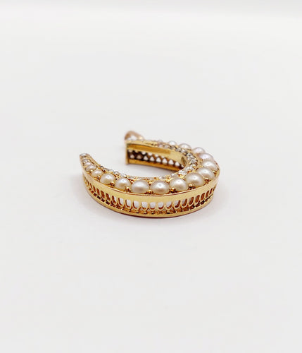 Pendentif Pendentif fer à cheval en or rose 18k, diamants tailles roses et perles 58 Facettes A06353