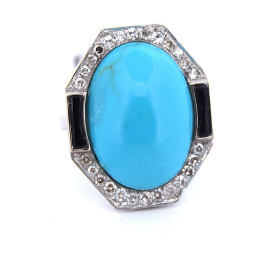 Bague Bague en or blanc avec turquoise et onyx 58 Facettes