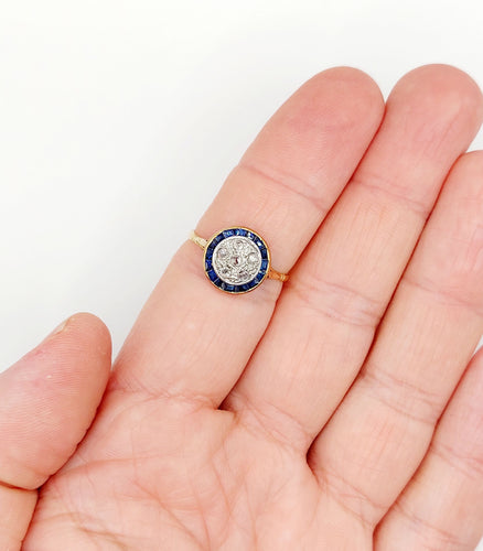 Bague 59 Bague cible Art déco en or 18k, diamants et saphirs synthétiques 58 Facettes A06447