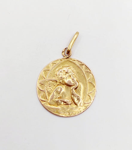 Pendentif Médaille antique or rose 18k angelot (circa 1924) 58 Facettes A06135