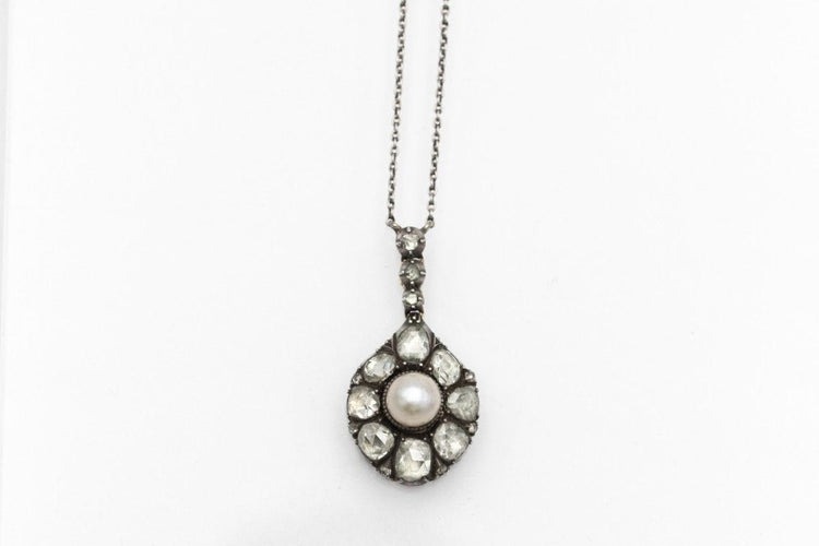 Collier Collier unique en or jaune et argent avec perle et diamants 2,10 ct, 1ère moitié du 19e siècle 58 Facettes 10914