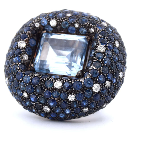 Bague 54 Bague en or blanc avec topaze, saphirs et diamants - Années 1950 58 Facettes