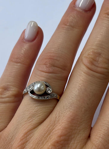 Bague 51 Bague Art Déco perle et diamants en or jaune 18k 58 Facettes