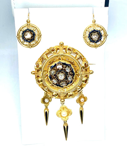 Boucles d'oreilles Parure : broche et boucles d’oreilles Email Diamants Perles 58 Facettes AB186