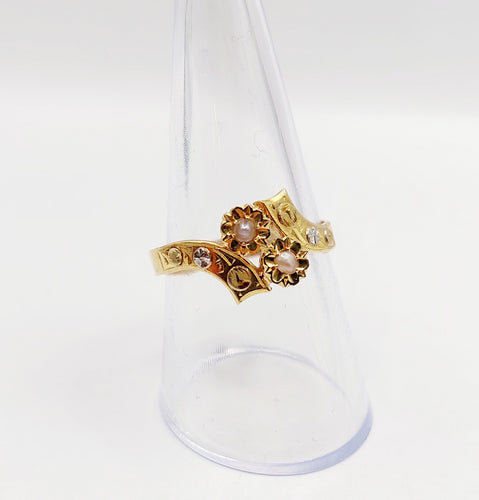 Bague 58.5 Bague toi et moi Art nouveau en or 18k avec perles et feuilles 58 Facettes A06424