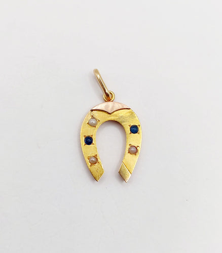 Pendentif fer à cheval antique en or 18k pierres bleues et perles