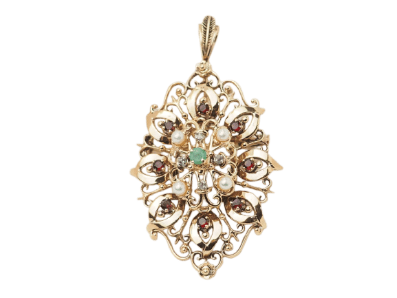 Pendentif Broche pendentif en or jaune, emeraude et perles de culture 58 Facettes 33147