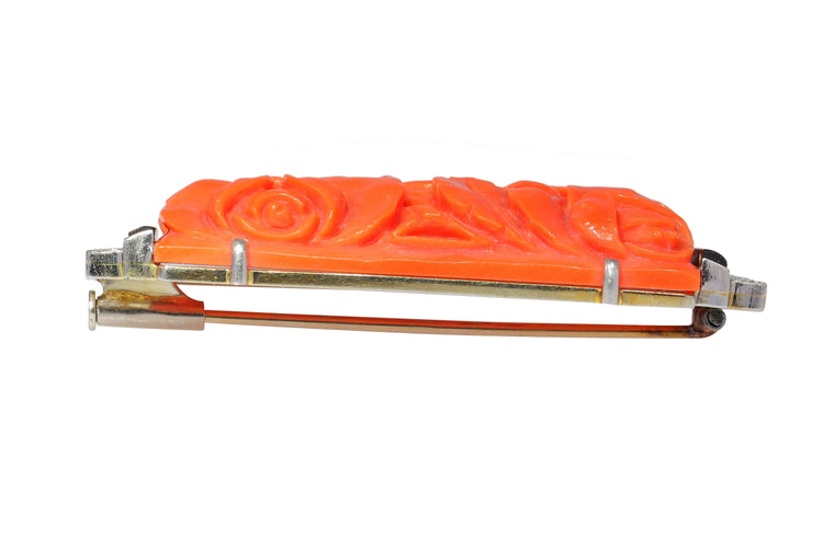 Broche Une fusion d'élégance et de zen : broche japonisante Art déco des années 1920 avec diamants, onyx et corail sanguin 58 Facettes 23277-0093