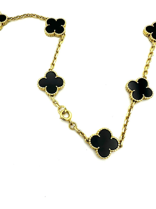 Collier VAN CLEEF & ARPELS. Sautoir "Alhambra vintage" or et onyx 58 Facettes