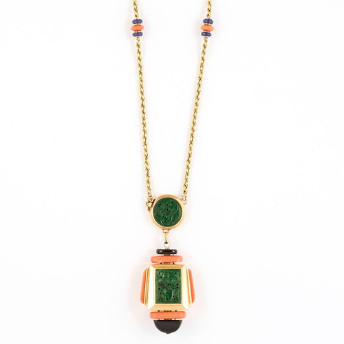 Collier Atelier Georges Lenfant - Exceptionnel Collier en or jaune lapis lazuli ,jade, nephrite, corail et onyx. 58 Facettes 58FC9