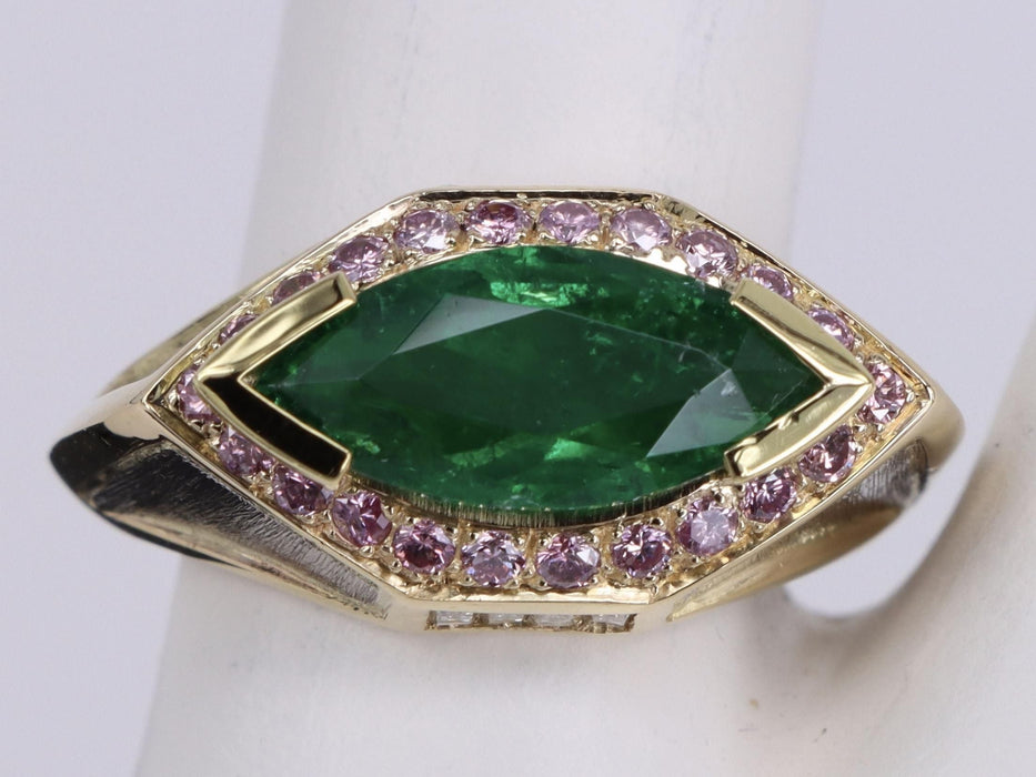 Marquise Emerald and pink diamond statement yellow gold ring