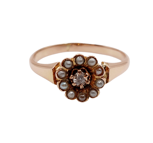 Bague 51.5 Bague marguerite or rose, diamant et perles (circa 1900) 58 Facettes A06283