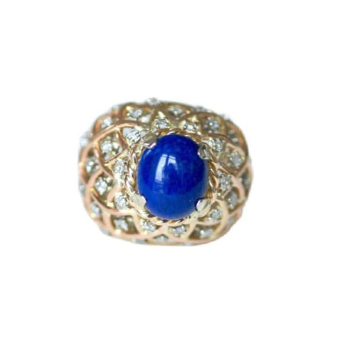 Bague 52 Bague Cocktail rétro or jaune, Lapis Lazuli et Diamants 58 Facettes