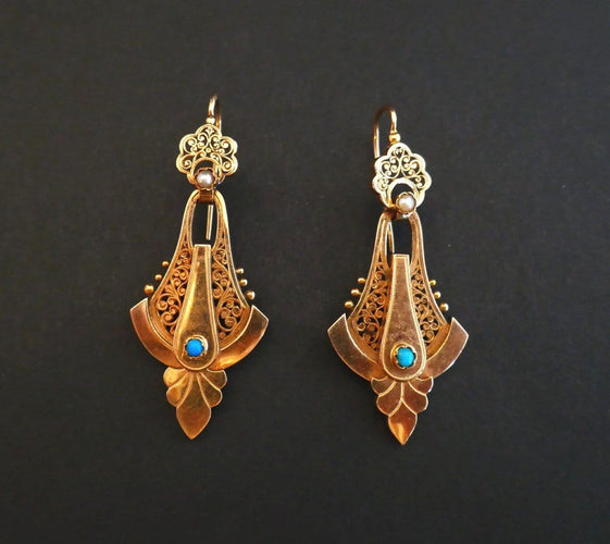 Boucles d'oreilles Boucles d'Oreilles Napoléon III en Or Rose, Perles et Turquoises 58 Facettes