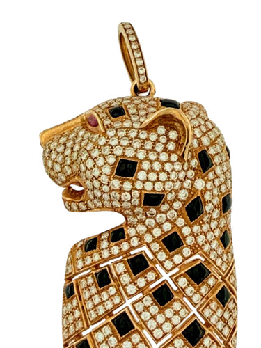 Pendentif Pendentif panthère en or rose avec diamants, onyx et rubis 58 Facettes