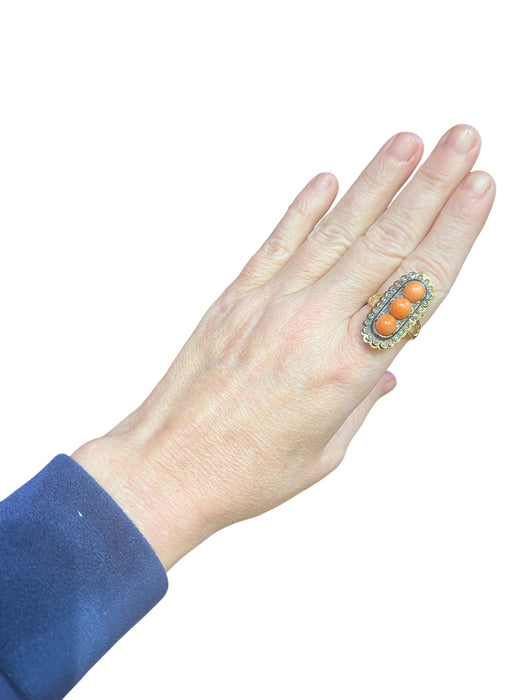 Bague 59 Bague Or, Perles Corail, Diamants Taille Ancienne, Email Noir 58 Facettes 7816 A