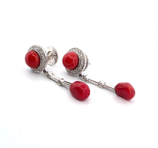 Boucles d'oreilles Superbes boucles d'oreilles en or blanc 18 carats avec corail et diamants 58 Facettes