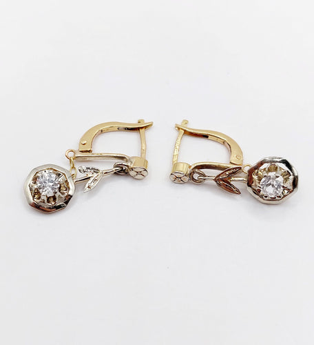 Boucles d'oreilles Dormeuses antique or jaune 18k fleur et spinelles blancs (circa 1920) 58 Facettes A06159