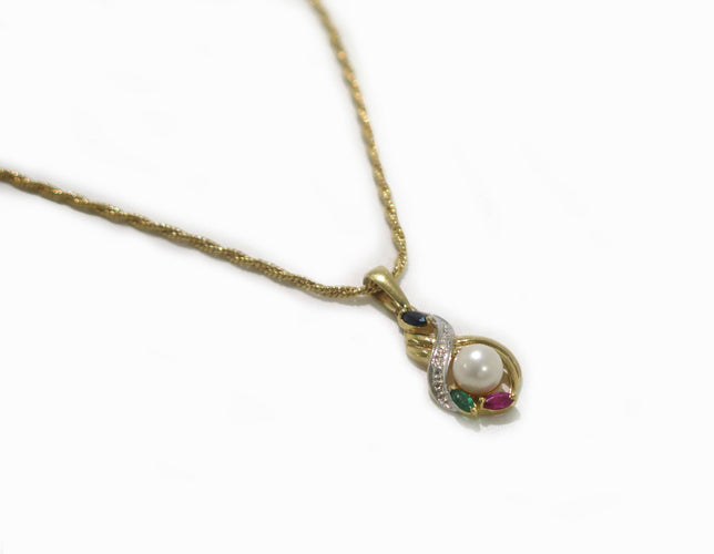 Pendentif vintage en or jaune 18 carats, perles et pierres précieuses